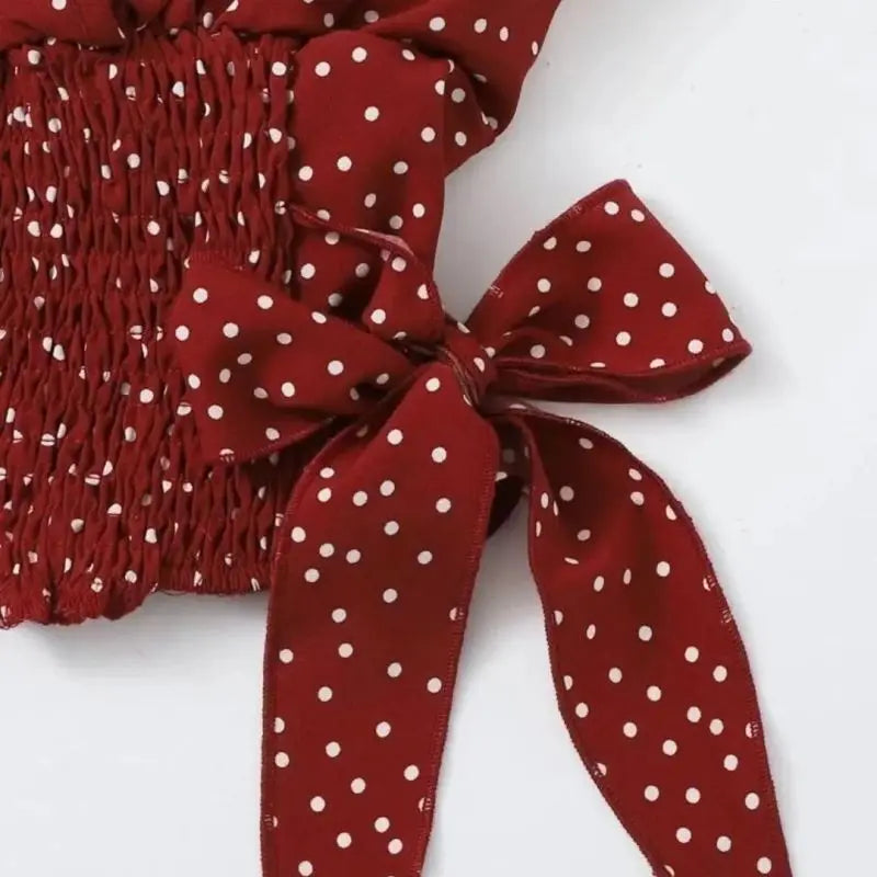 Polka Dot Chiffon Lace Up V Neck Blouse With Flowy Sleeves