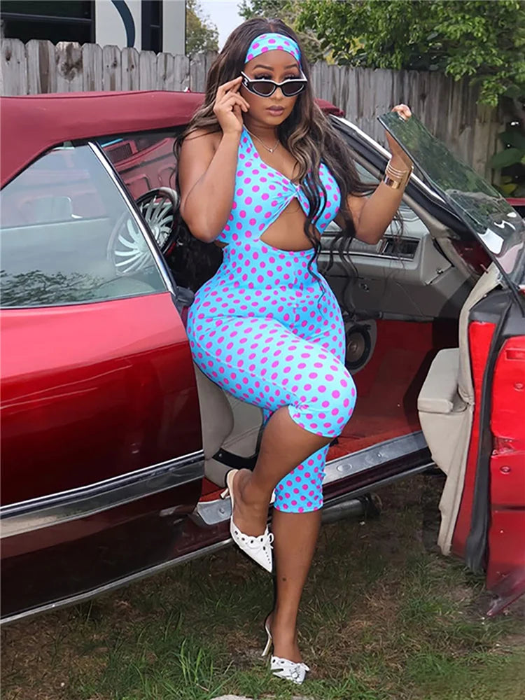 Blue Polka Dot Print Halter Playsuit With Hollow Design For Women High Waist Sleeveless
