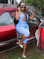 Blue Polka Dot Print Halter Playsuit With Hollow Design For Women High Waist Sleeveless
