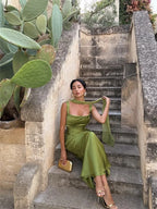 Elegant Satin Backless Halter Off-Shoulder Maxi Dress