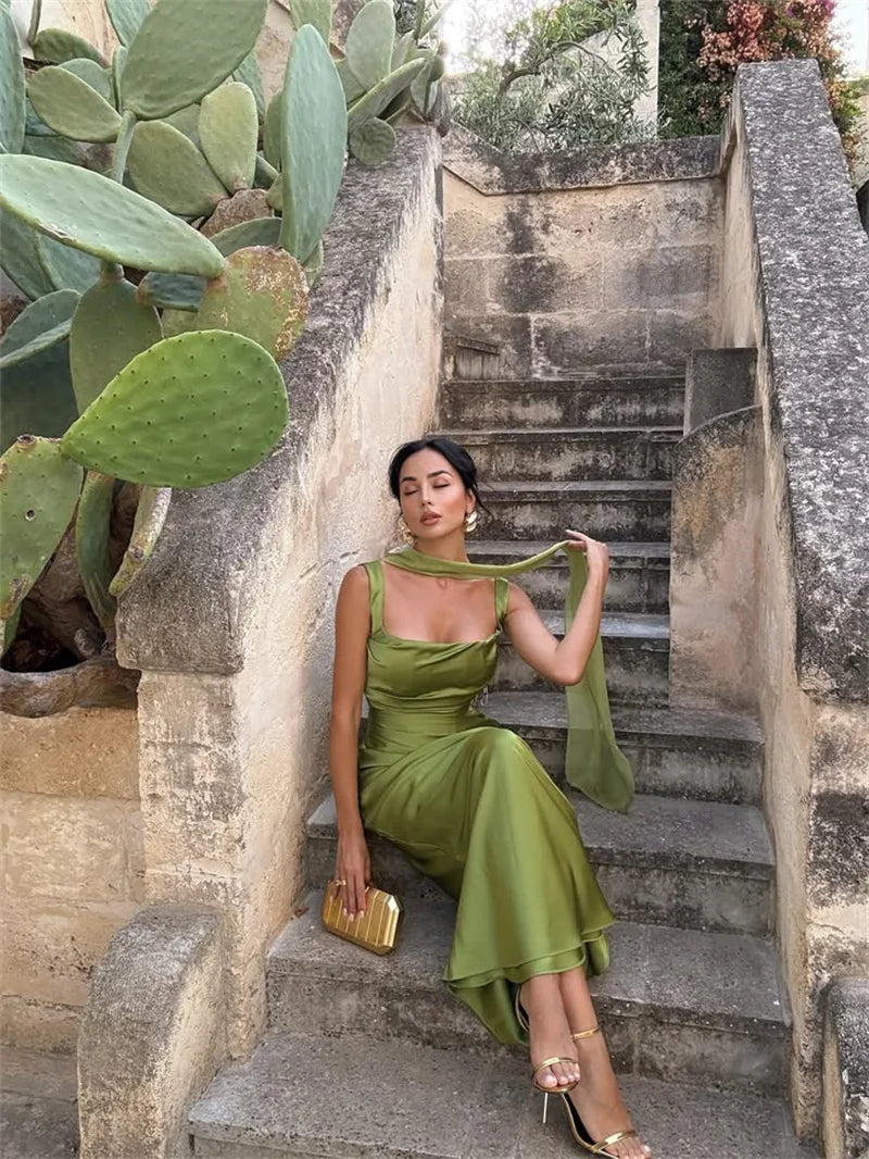 Elegant Satin Backless Halter Off-Shoulder Maxi Dress