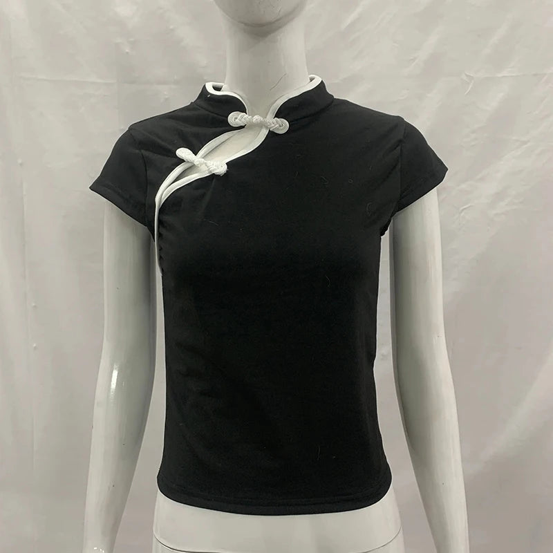 Ladies Blouse With Mandarin Collar Short Sleeve Crop Top Keyhole Frog Button Vintage Asymmetrical Design