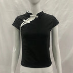 Ladies Blouse With Mandarin Collar Short Sleeve Crop Top Keyhole Frog Button Vintage Asymmetrical Design