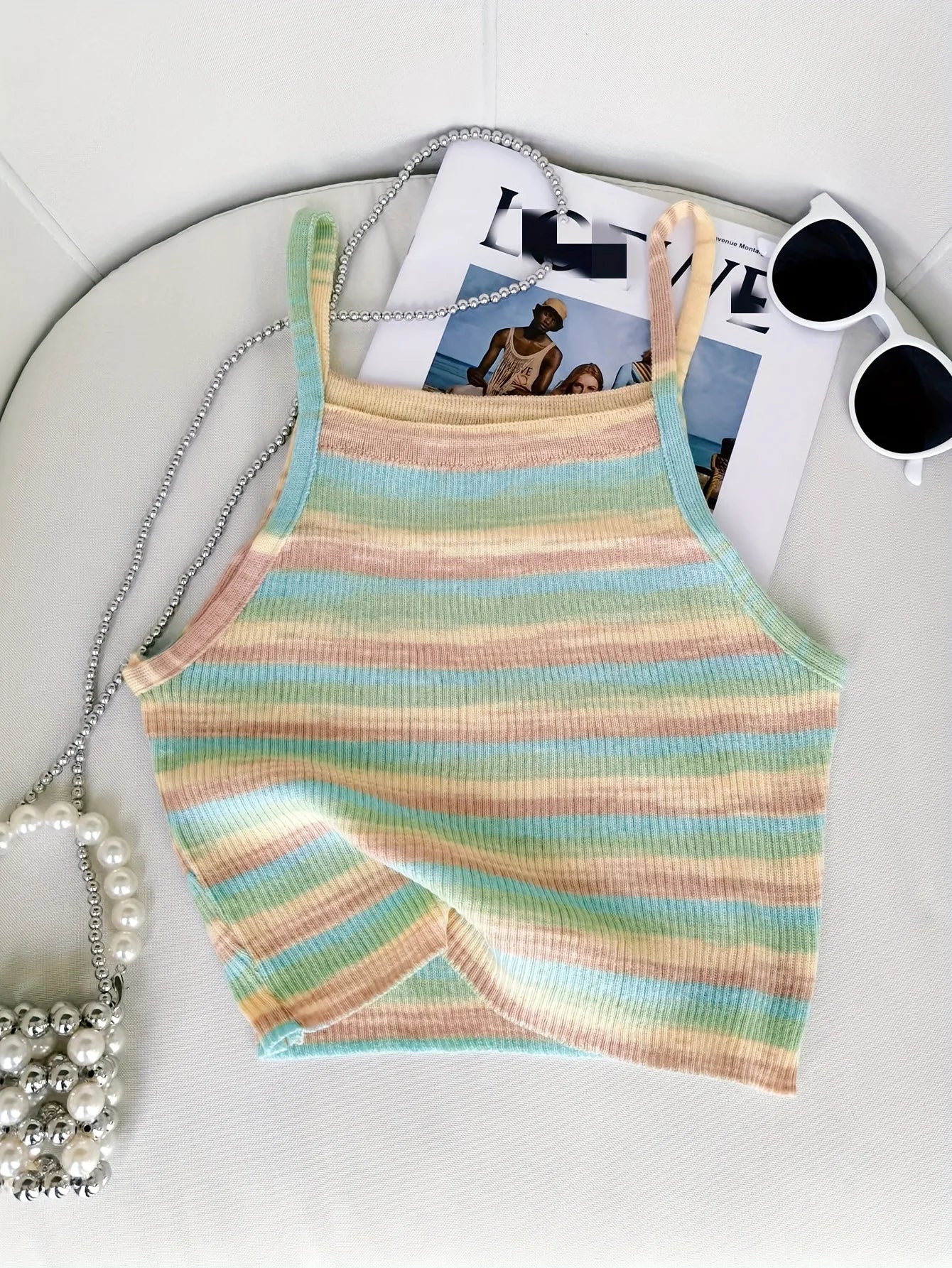 Striped Ribbed Knit Cami Top With Square Neck Sleeveless Rainbow Crop