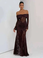 Off Shoulder Pleated Maxi Dress With Lace Patchwork
