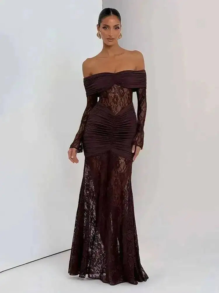 Off Shoulder Pleated Maxi Dress With Lace Patchwork