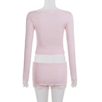 Y2K Hot Girl Lace Hem 2 Piece Set Fashion Bow Long Sleeve Crop Top & Bodycon Mini Skirt Matching Suits