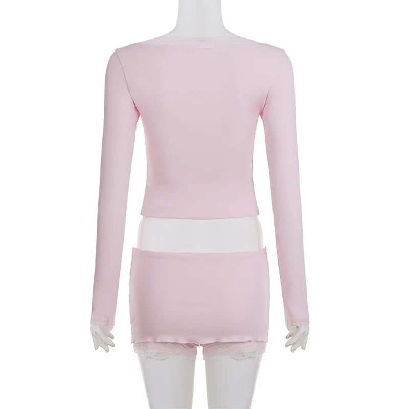 Y2K Hot Girl Lace Hem 2 Piece Set Fashion Bow Long Sleeve Crop Top & Bodycon Mini Skirt Matching Suits