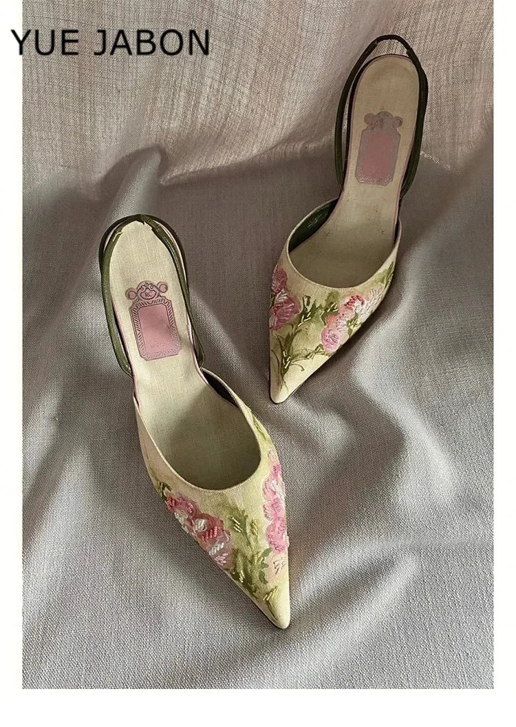 Floral Embroidered Slingback Stiletto Sandals With Pointed Toe High Heels