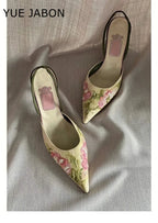 Floral Embroidered Slingback Stiletto Sandals With Pointed Toe High Heels
