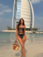 Lace One Piece Swimsuit With Skirt Cut Out Halter Neck High Leg Beach Bodysuit Monokini