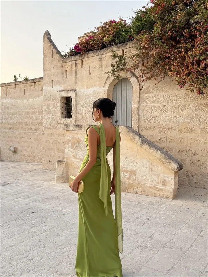 Elegant Satin Backless Halter Off-Shoulder Maxi Dress