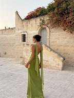 Elegant Satin Backless Halter Off-Shoulder Maxi Dress