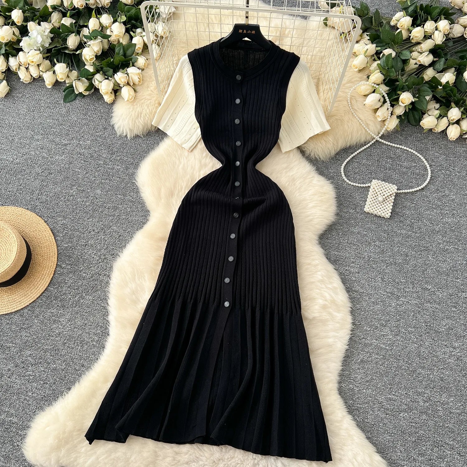 Vintage Inspired Turn Down Collar Knit Maxi Shirt Dress