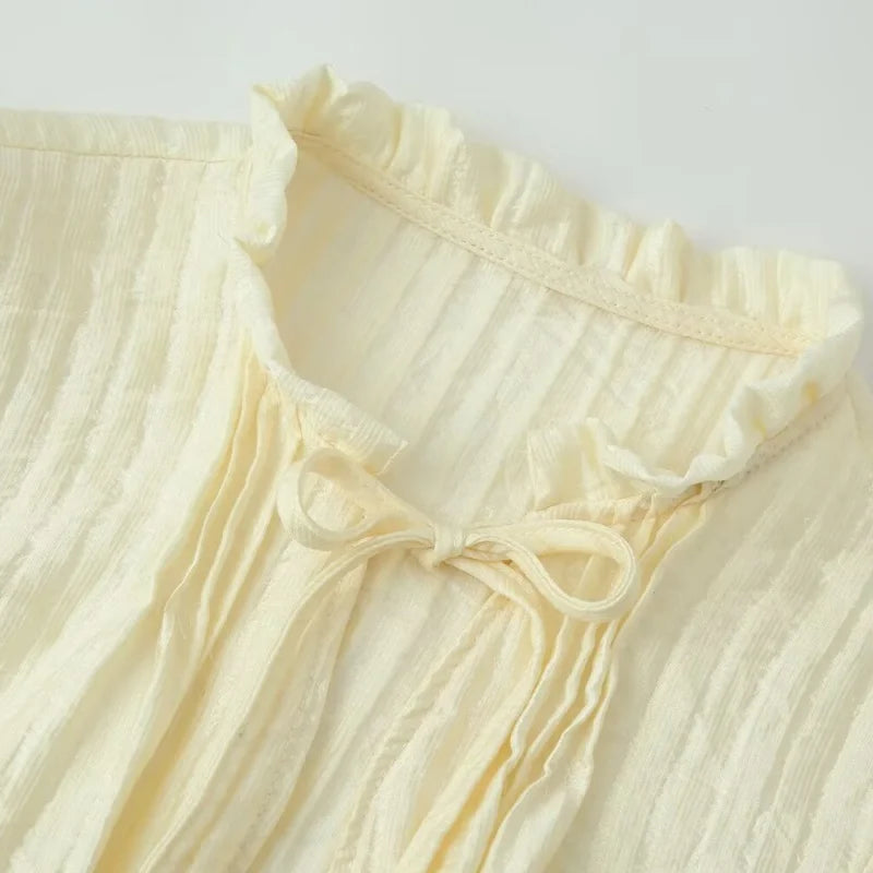 Lightweight Blouse With Puff Sleeves Tie Neck Ruffle Collar Retro Style
