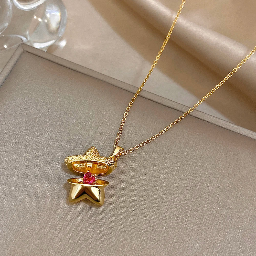 Openable Star And Heart Zircon Necklace In Stainless Steel Romantic Womens Jewelry