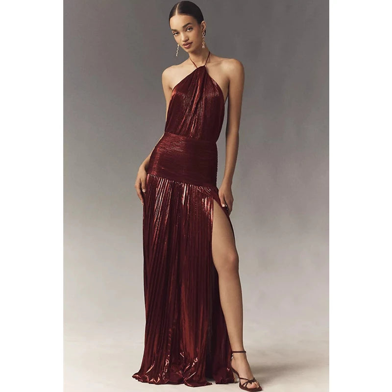 Off Shoulder Corset Halter Evening Gown With Slit