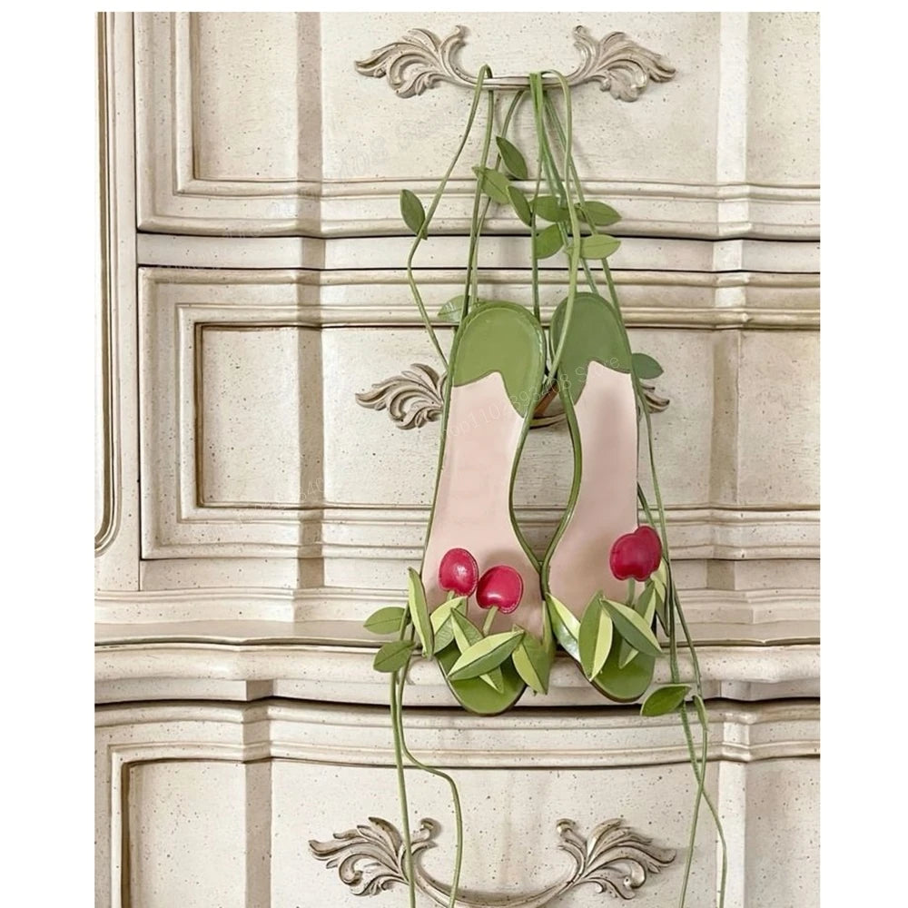 Cherry Charm Strappy Green Sandals