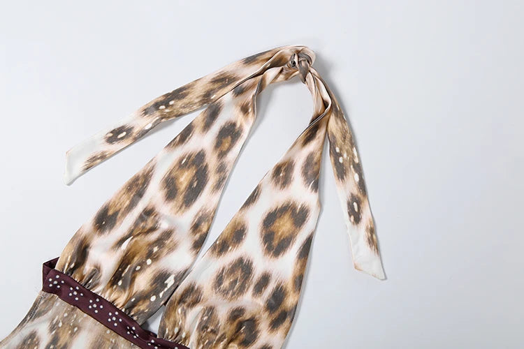 Leopard Print Halter Maxi Dress Backless Sleeveless