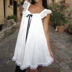 Fairycore Ribbon Bow Babydoll Mini Dress With Square Collar Lace Trim And Flowy