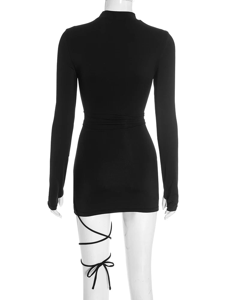Hollow Out Bandage Mini Dress With High Collar And Long Sleeves