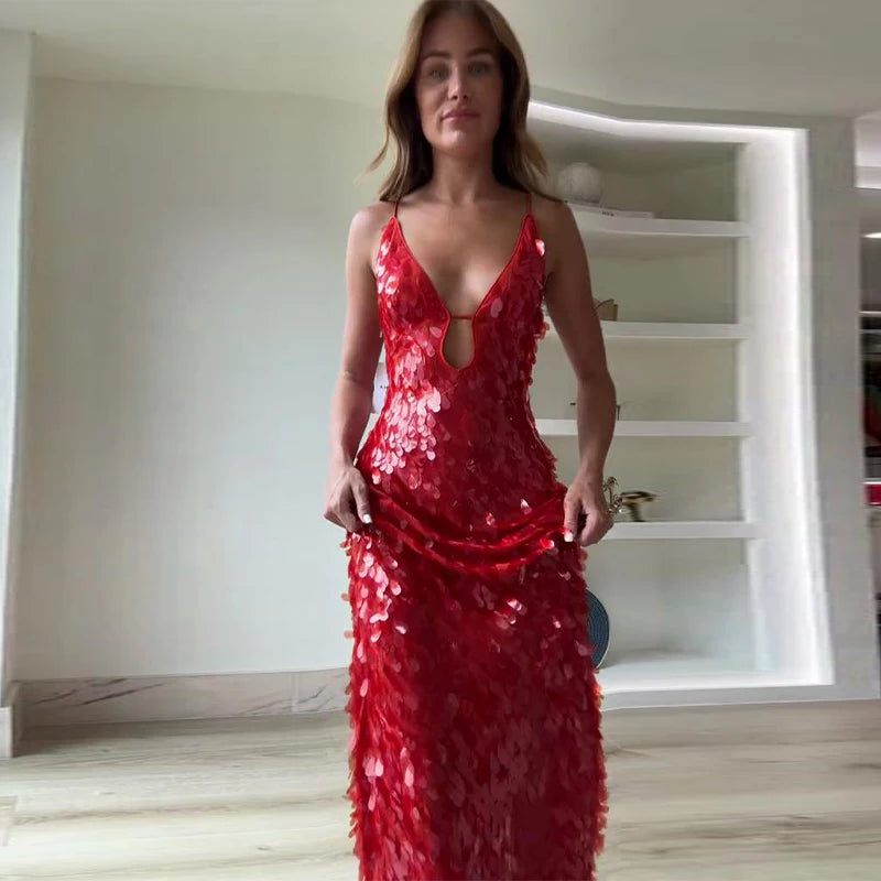 Gleaming Sequined V Neck Maxi Dress Sleeveless Backless High Waist Gown