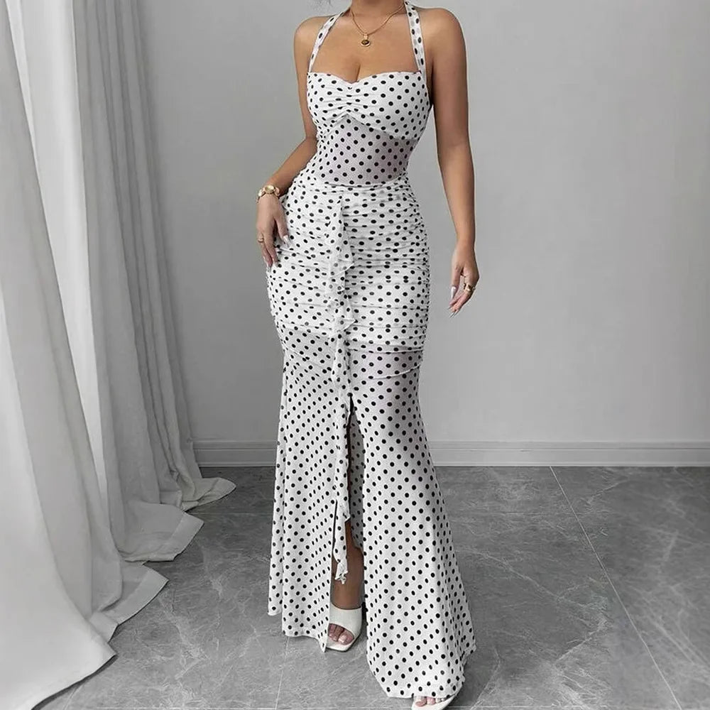 White Polka Dot Chiffon Backless Strapless Dress With Empire Waist