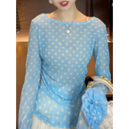 Breezy Ocean Blue Polka Dot Sheer Blouse With Long Sleeves And Boat Neck