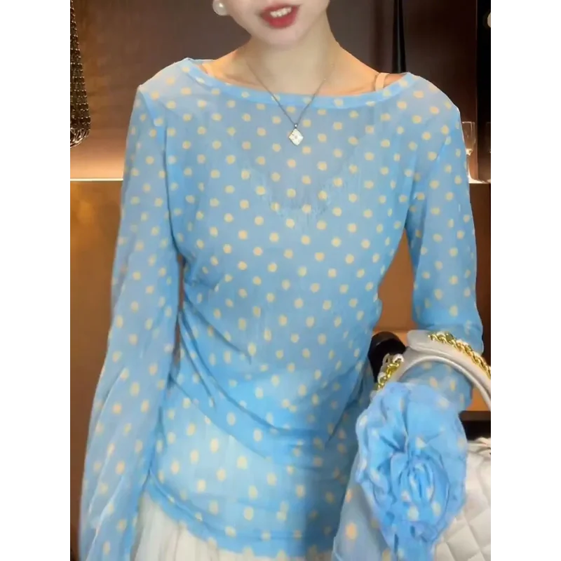 Breezy Ocean Blue Polka Dot Sheer Blouse With Long Sleeves And Boat Neck