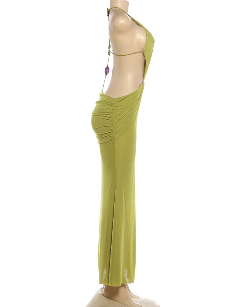 Elegant Halter Hollow Dress With Beaded Backless Mesh Patchwork