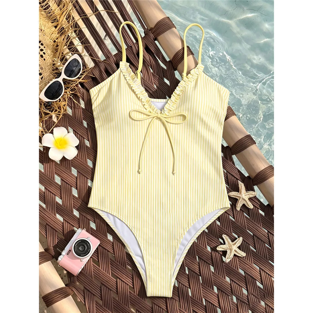 Striped Plaid V Neck  One Piece Swimsuit Female Frilled High Leg Cut Padded