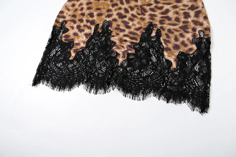 Leopard Patchwork Lace Mini Dress With Spaghetti Straps High Waist