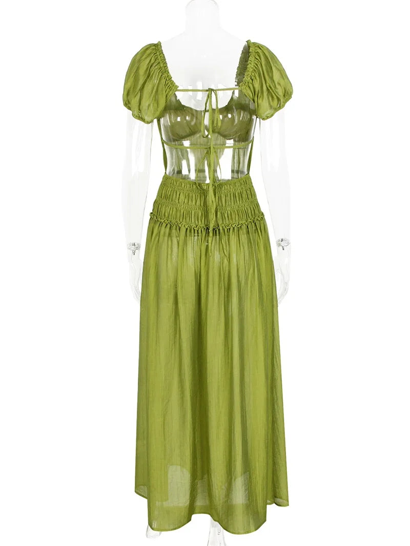 Vibrant Lace Up Back A Line Dress With Short Sleeves