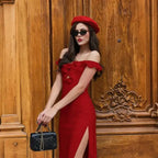 Off Shoulder Ruffle Midi Dress With Front Cutout High Waist Side Split