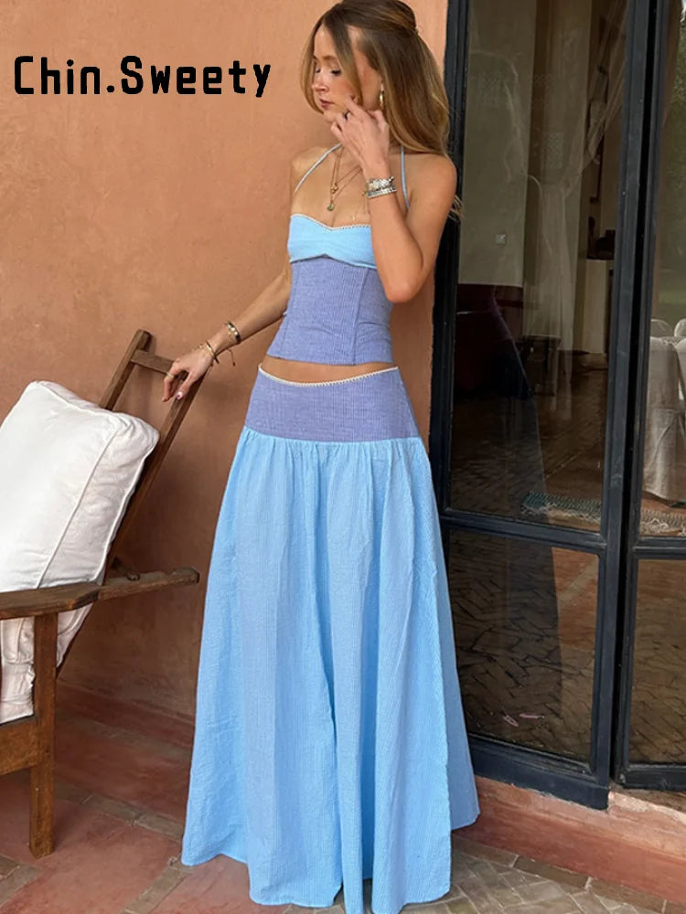 Hanging-Neck Top And A-Line Skirt Set Sleeveless Backless Bandage Style