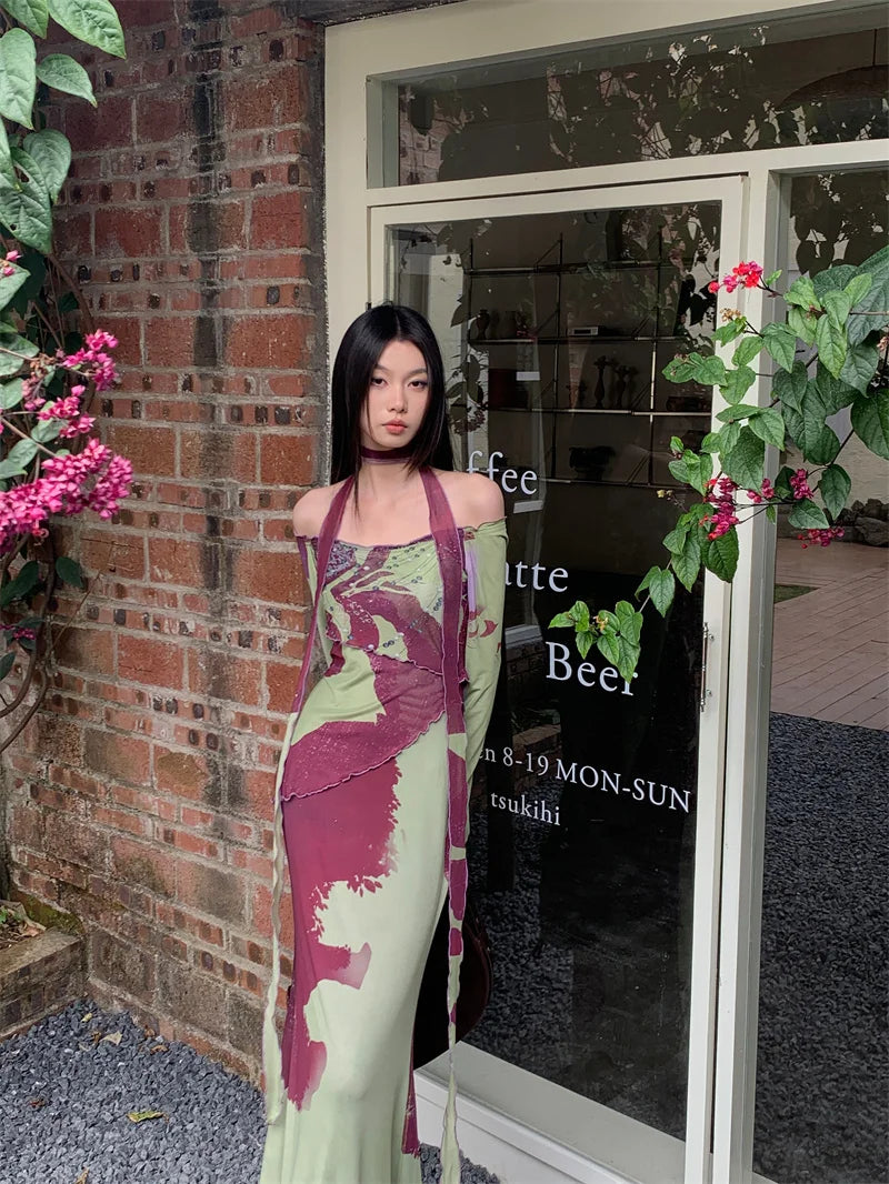 Off Shoulder Mesh Maxi Dress With Long Sleeves Backless Evening Gown