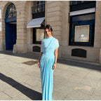 Blue Irregular Shawl Maxi Dress Slim Fit Pleated Turtleneck Elegant Evening