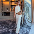 White Halter Ruched Two Piece Maxi Set Backless Asymmetric High Low Skirt