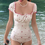 Cherry Print Frill One Piece Swimsuit With Short Sleeves Backless Design