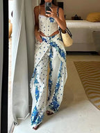 Boho Floral Dream Two Piece Set With Corset Wrap And Wide Leg Pants