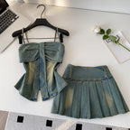 Denim Set With Sleeveless Cami Top And Mini Skirt Slim Fit Zipper
