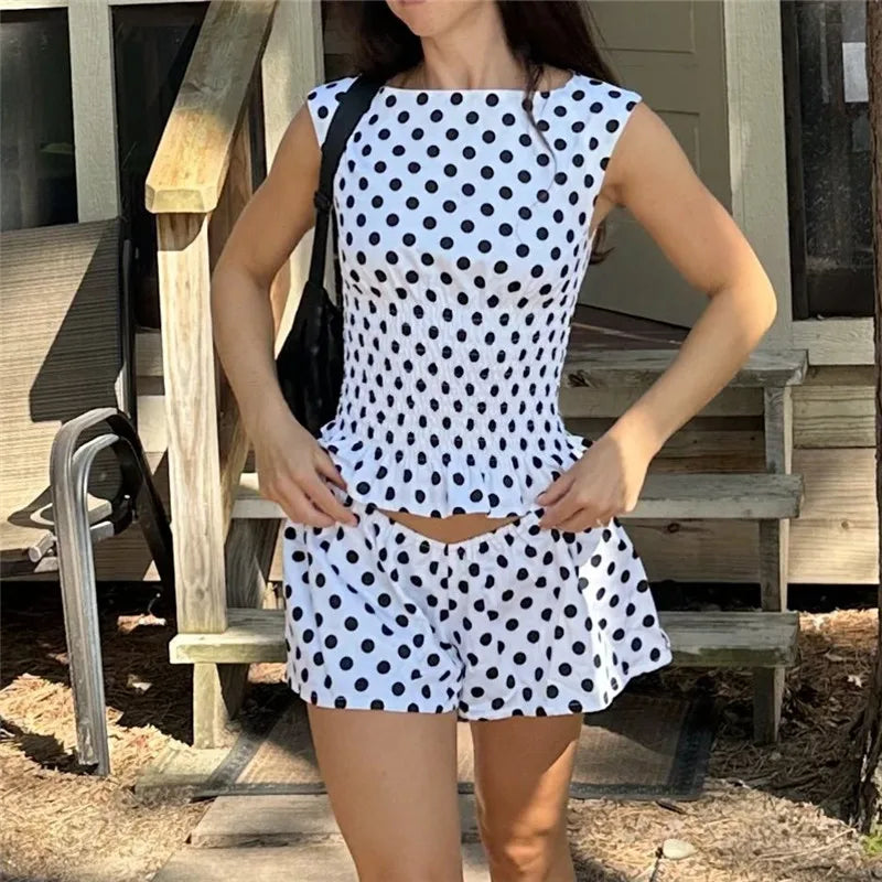 Vintage Chic Polka Dot Set Sleeveless Tank Top With Elastic Waist Shorts