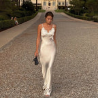 V-Neck Satin Sling Maxi Dress With Lace Patchwork Backless Evening Gown