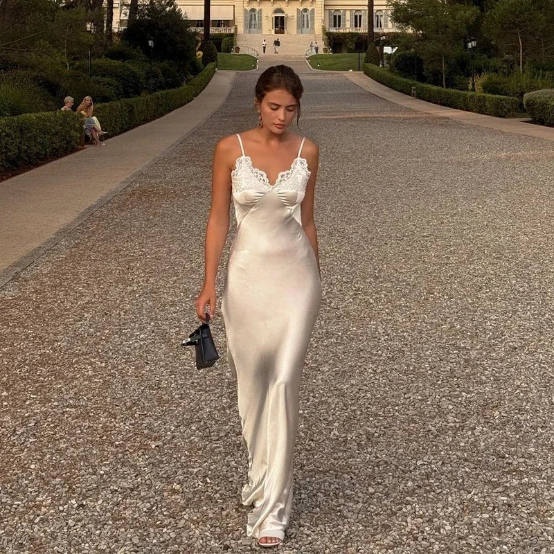 V-Neck Satin Sling Maxi Dress With Lace Patchwork Backless Evening Gown