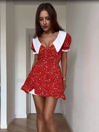 Romantic Red Floral Peter Pan Collar Dress With Puff Sleeves V Neck Button Front A Line Mini
