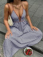 Sea Breeze Striped Deep V Beach Dress With Backless Sleeveless Maxi