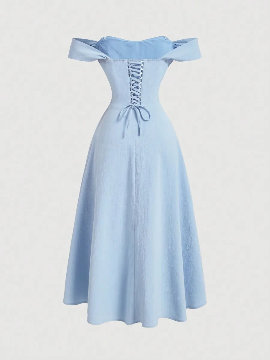 Romantic Off-Shoulder Corset Midi Dress With Bow Sleeves