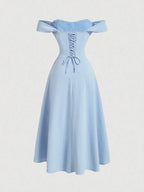 Romantic Off-Shoulder Corset Midi Dress With Bow Sleeves