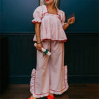 Cute Gingham Pajama Set Puff Short Sleeve Ruffle Hem Plaid Babydoll Top Side Split Wide Leg Pants Two Piece