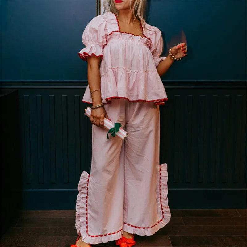 Cute Gingham Pajama Set Puff Short Sleeve Ruffle Hem Plaid Babydoll Top Side Split Wide Leg Pants Two Piece